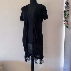 Black Crochet Knit Open Front Long Fringe Cardigan